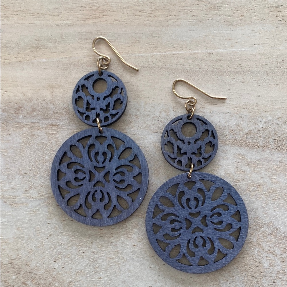 Navy Blue Wood Mandala Dangle Earrings